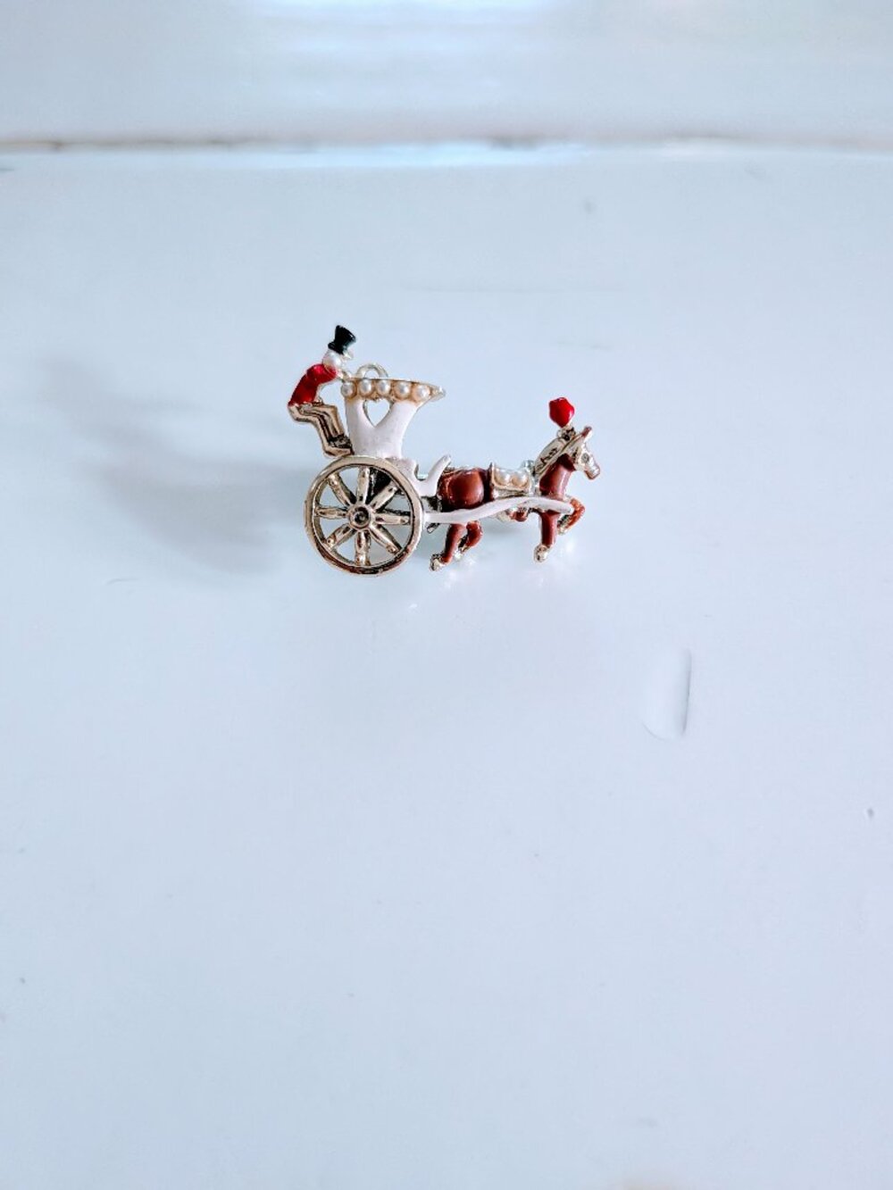 VTG Enamel Horse & Carriage Stagecoach Brooch Pin 1" Red Equestrian Heritage